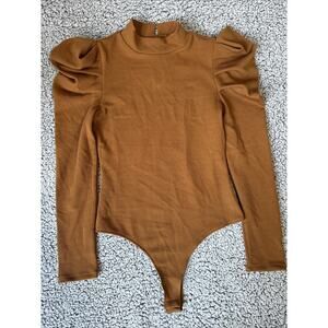 TCEC Brown BodySuit Ribbed Puff Sleeves Women Size Large preppy Festival